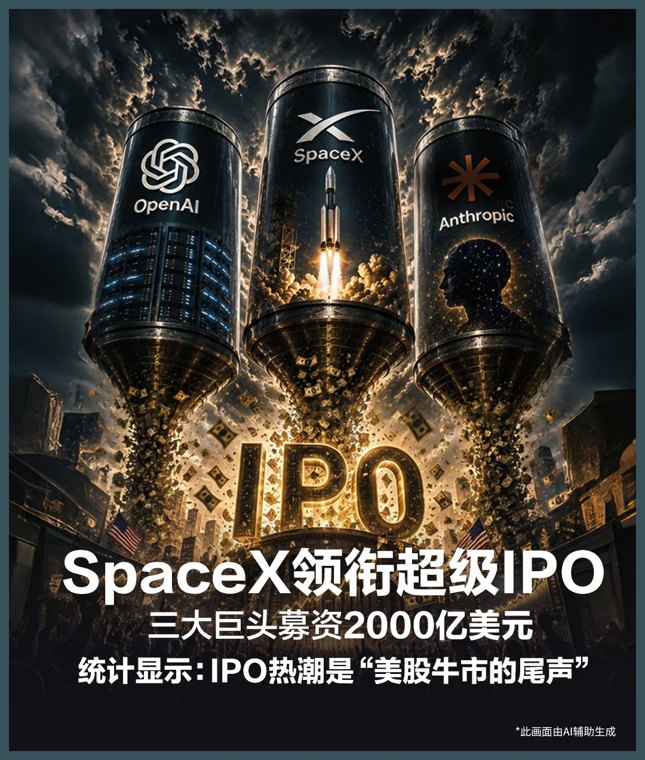 SpaceX领衔超级IPO，三大巨头募资2000亿美元！统计显示：IPO热潮是“美股牛市的尾声”